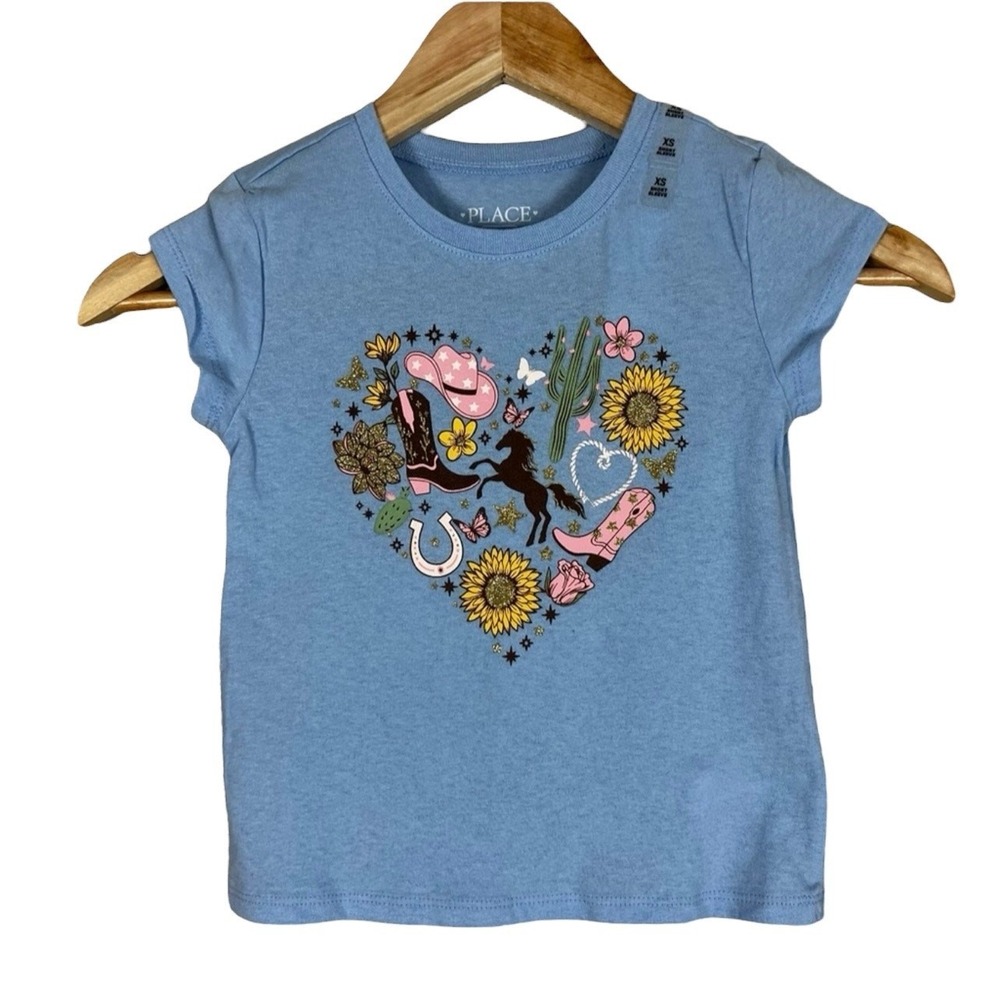 NWT The Children's Place Western Heart Graphic T-Shirt Blue Glitter Size XS 4
